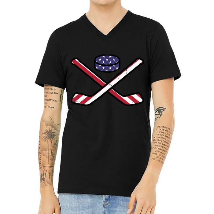 ICe Hockey Puck Sticks Fourth July 4th Sports Patriotic V-Neck T-Shirt