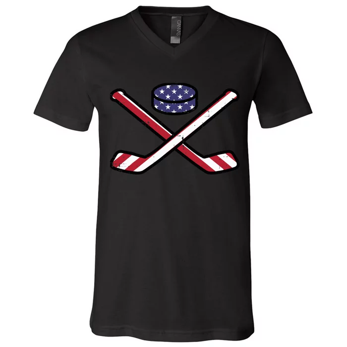 ICe Hockey Puck Sticks Fourth July 4th Sports Patriotic V-Neck T-Shirt