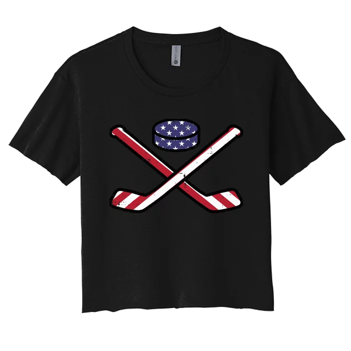 ICe Hockey Puck Sticks Fourth July 4th Sports Patriotic Women's Crop Top Tee