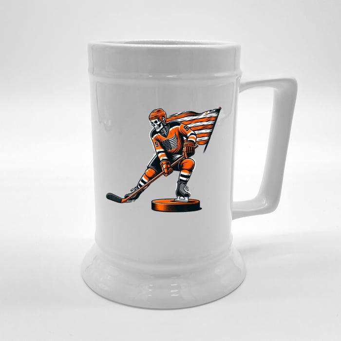 Ice Hockey Player Fan Skeleton Halloween Gift Front & Back Beer Stein