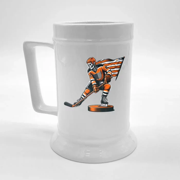 Ice Hockey Player Fan Skeleton Halloween Gift Front & Back Beer Stein