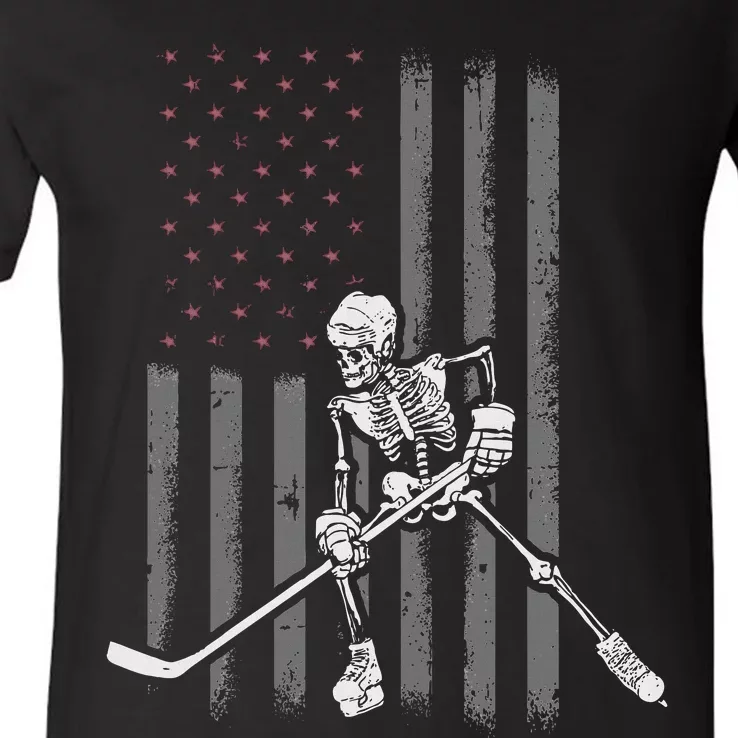 Ice Hockey Player Fan Gift Skeleton Halloween V-Neck T-Shirt