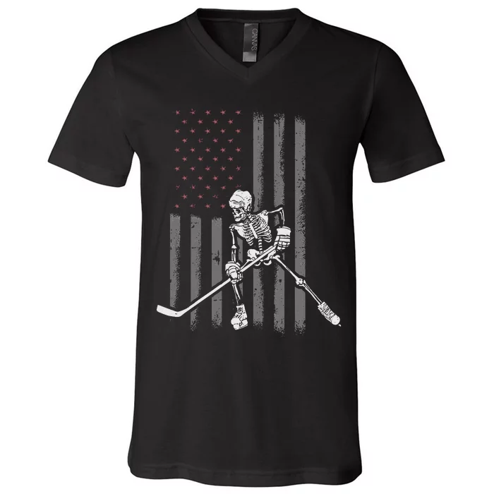 Ice Hockey Player Fan Gift Skeleton Halloween V-Neck T-Shirt