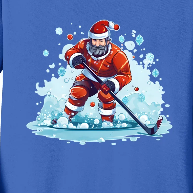 Ice Hockey Player Santa Design Christmas Ice Hockey Gift Kids Long Sleeve Shirt