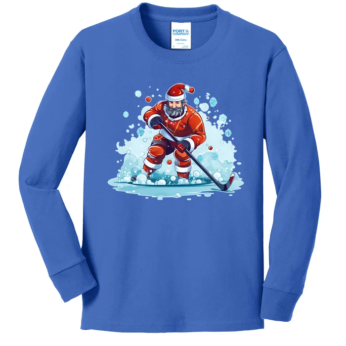 Ice Hockey Player Santa Design Christmas Ice Hockey Gift Kids Long Sleeve Shirt