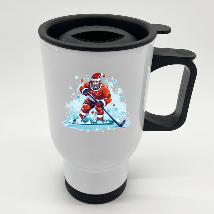 Ice Hockey Player Santa Design Christmas Ice Hockey Gift Front & Back Stainless Steel Travel Mug