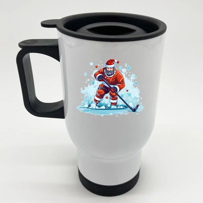 Ice Hockey Player Santa Design Christmas Ice Hockey Gift Front & Back Stainless Steel Travel Mug