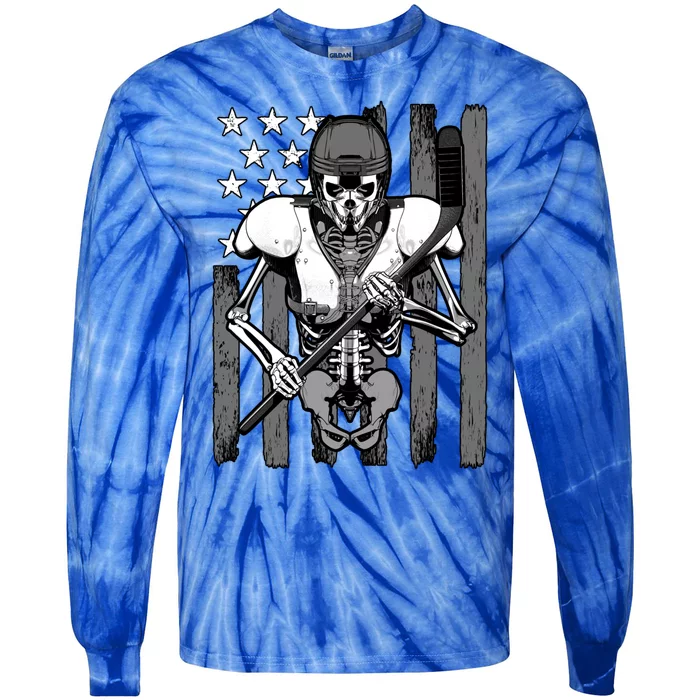 Ice Hockey Player Skeleton Athlete Halloween Usa Flag Gift Tie-Dye Long Sleeve Shirt