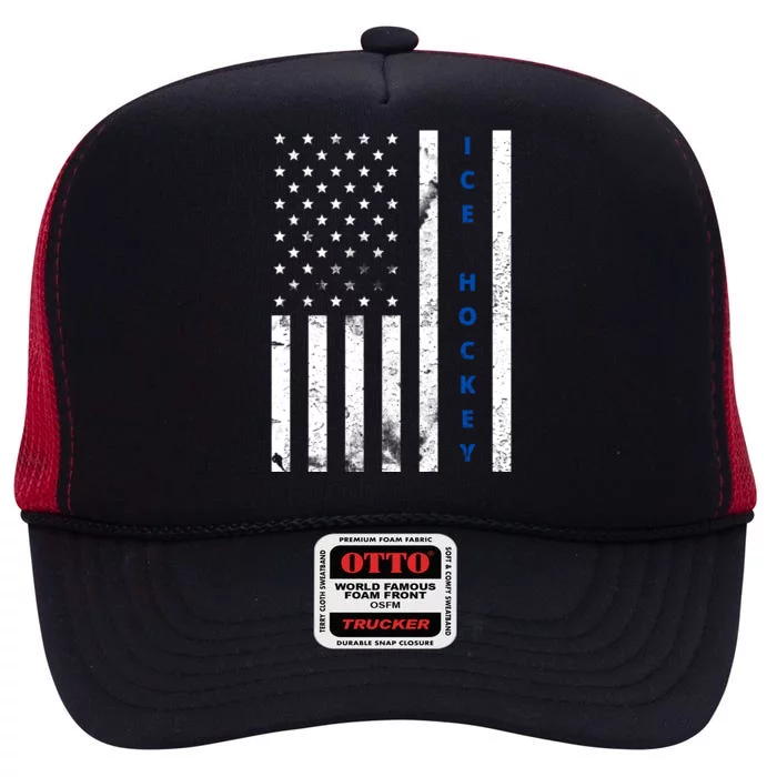 Ice Hockey Proud Usa Flag Vintage Ice Hockey Gift High Crown Mesh Trucker Hat