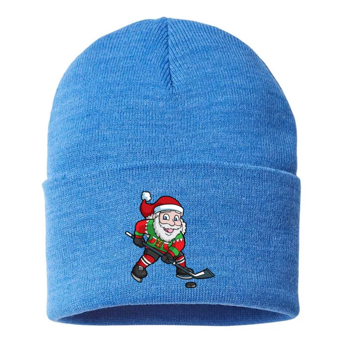 Ice Hockey Player Santa Claus Christmas Gift Cool Gift Sustainable Knit Beanie