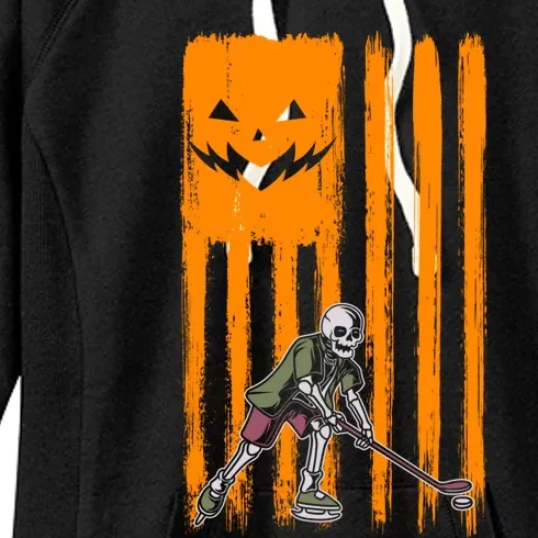 Ice Hockey Skeleton Halloween Boys American Pumpkin Flag Gift Women's Fleece Hoodie