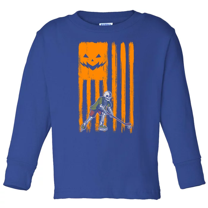 Ice Hockey Skeleton Halloween Boys American Pumpkin Flag Gift Toddler Long Sleeve Shirt