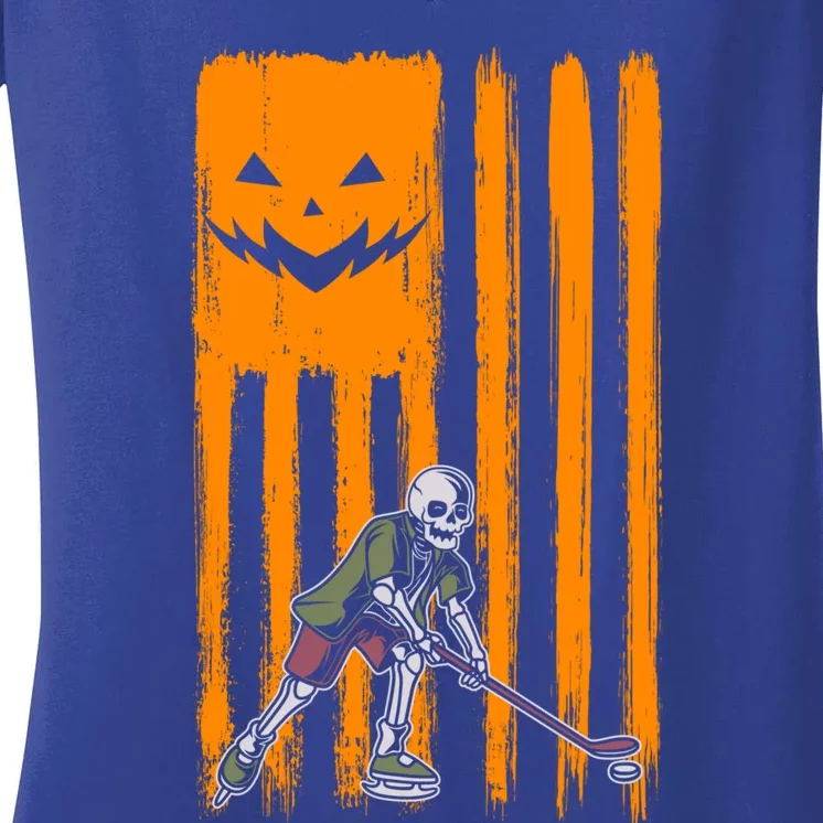 Ice Hockey Skeleton Halloween Boys American Pumpkin Flag Gift Women's V-Neck T-Shirt