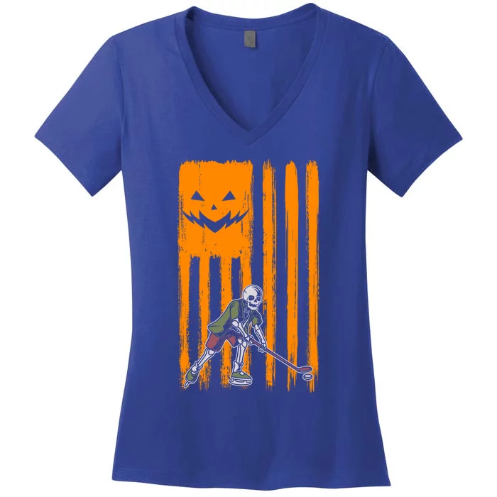 Ice Hockey Skeleton Halloween Boys American Pumpkin Flag Gift Women's V-Neck T-Shirt