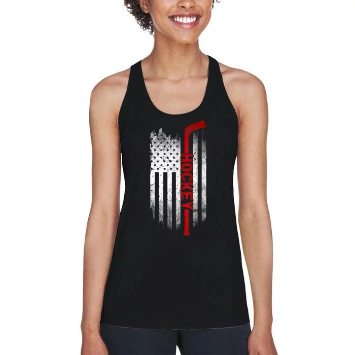 Ice Hockey Stick USA Flag Sports Patriotic Hockey Player Women's Racerback Tank