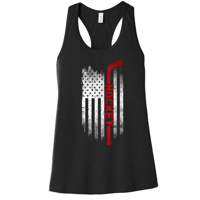 Ice Hockey Stick USA Flag Sports Patriotic Hockey Player Women's Racerback Tank