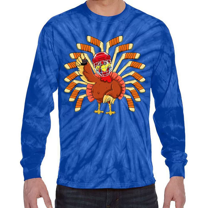 Ice Hockey Thanksgiving Turkey Playing Hockey Tie-Dye Long Sleeve Shirt