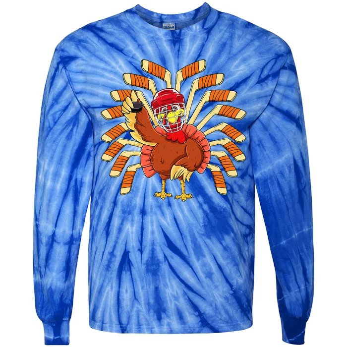 Ice Hockey Thanksgiving Turkey Playing Hockey Tie-Dye Long Sleeve Shirt