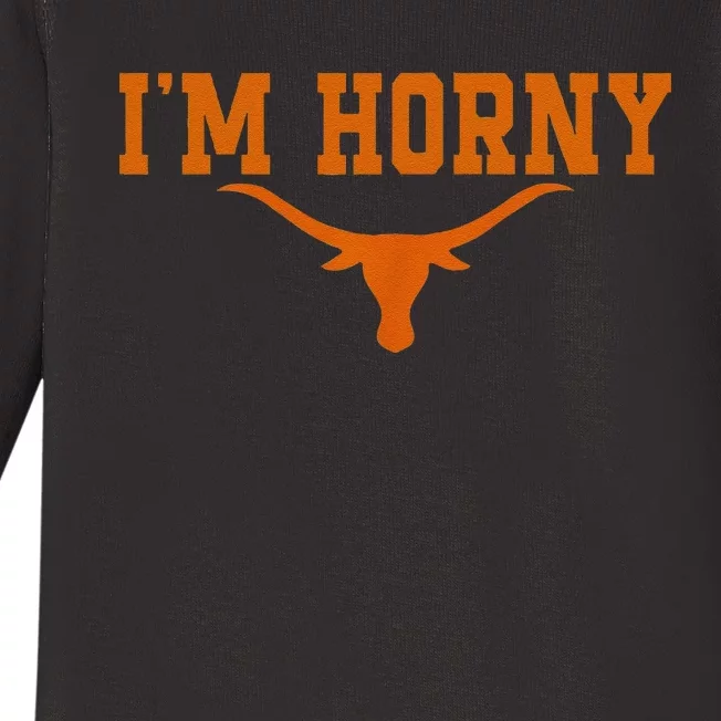 I’M Horny Texaslonghorns Austin Pride Bull American Baby Long Sleeve Bodysuit