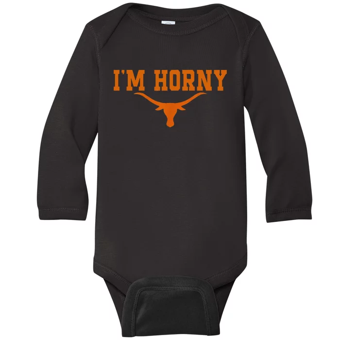 I’M Horny Texaslonghorns Austin Pride Bull American Baby Long Sleeve Bodysuit