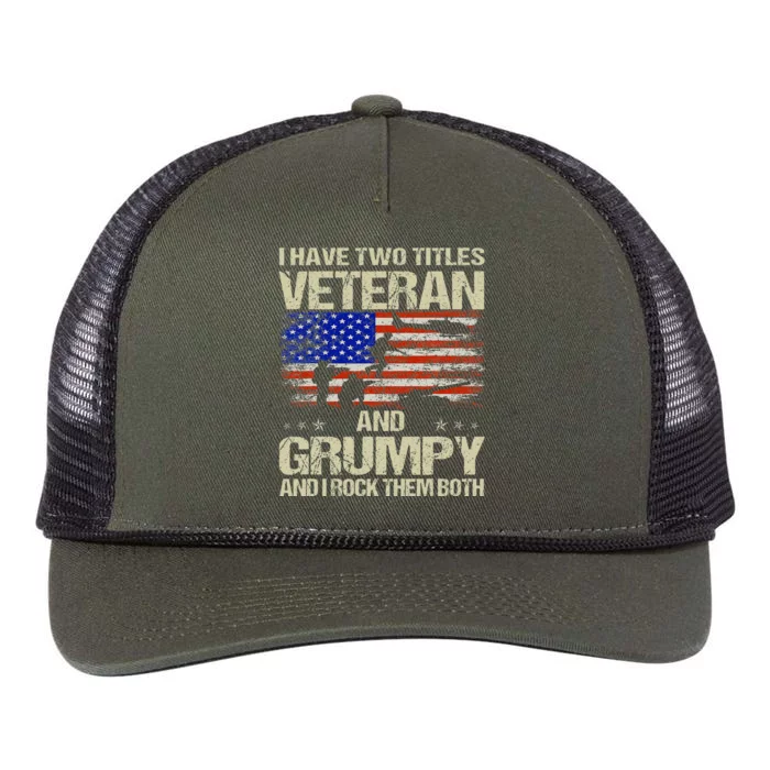 I Have Two Titles Veteran And Grumpy Funny Dad Papa Grandpa Retro Rope Trucker Hat Cap