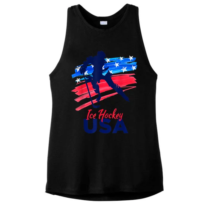 Ice Hockey USA Flag Hockey Lover Ladies Tri-Blend Wicking Tank