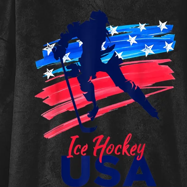 Ice Hockey USA Flag Hockey Lover Hooded Wearable Blanket