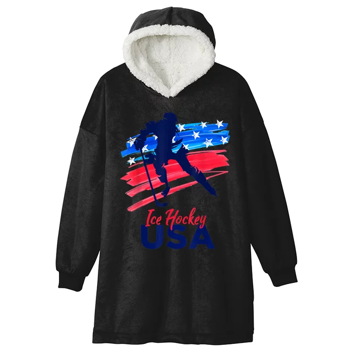 Ice Hockey USA Flag Hockey Lover Hooded Wearable Blanket