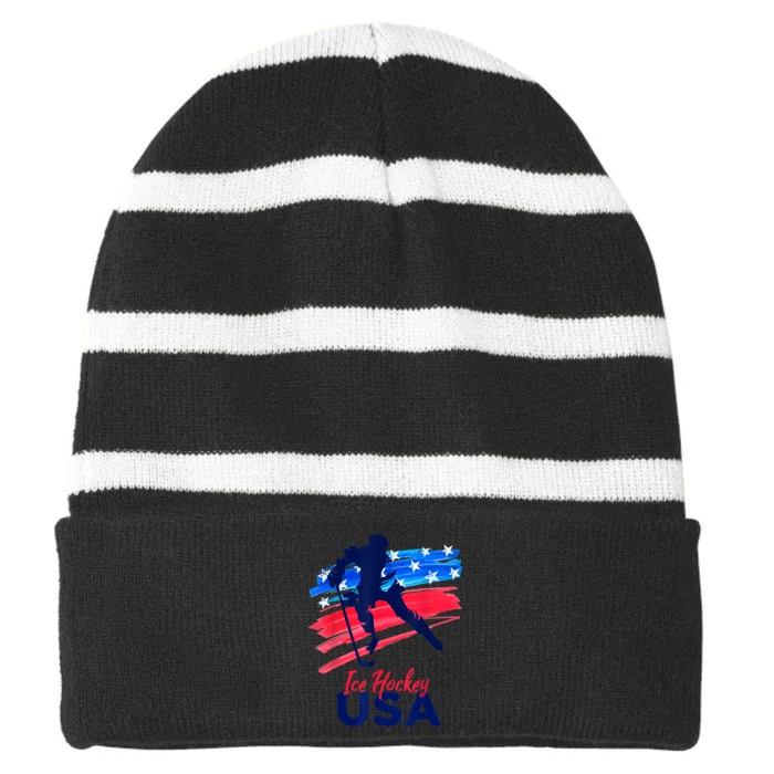 Ice Hockey USA Flag Hockey Lover Striped Beanie with Solid Band