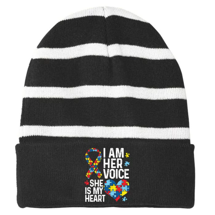 I'm Her Voice Shes My Heart Autism Awareness Month Girl Mom Striped Beanie with Solid Band