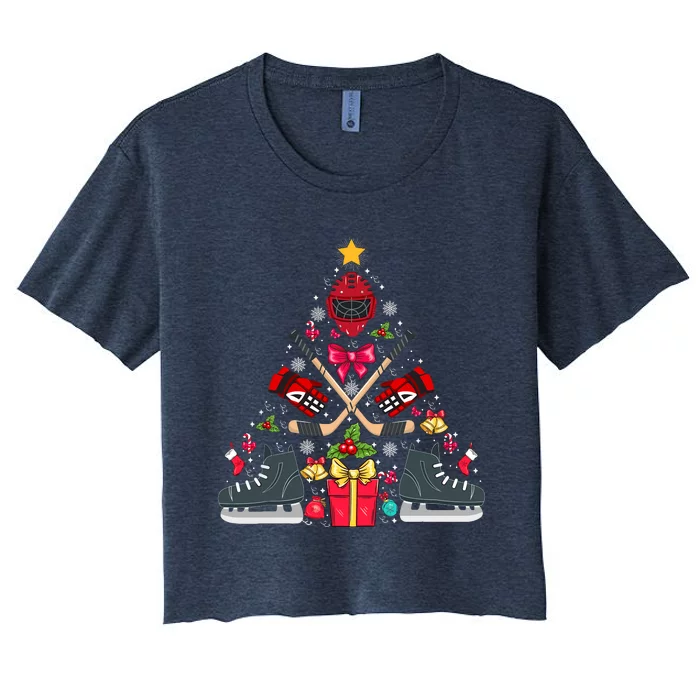 Ice Hockey Xmas Tree Decorations Santa Hockey Christmas Women's Crop Top Tee