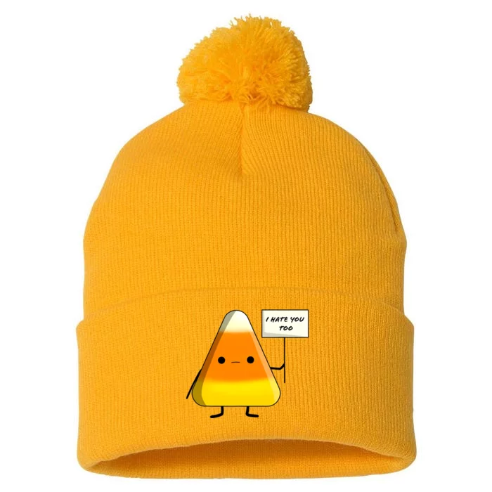 I Hate You Too Funny Halloween Candy Corn Pom Pom 12in Knit Beanie