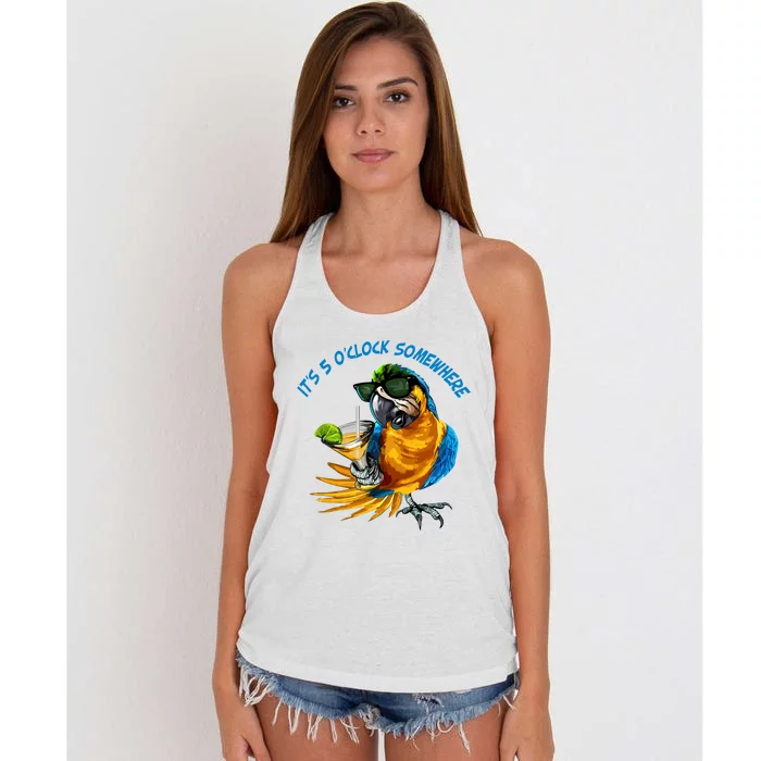 It Is 5 Oclock Somewhere Parrot Drinking Summer Vacation Women's Knotted Racerback Tank