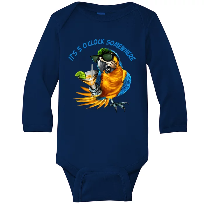 It Is 5 Oclock Somewhere Drinking Parrot Baby Long Sleeve Bodysuit