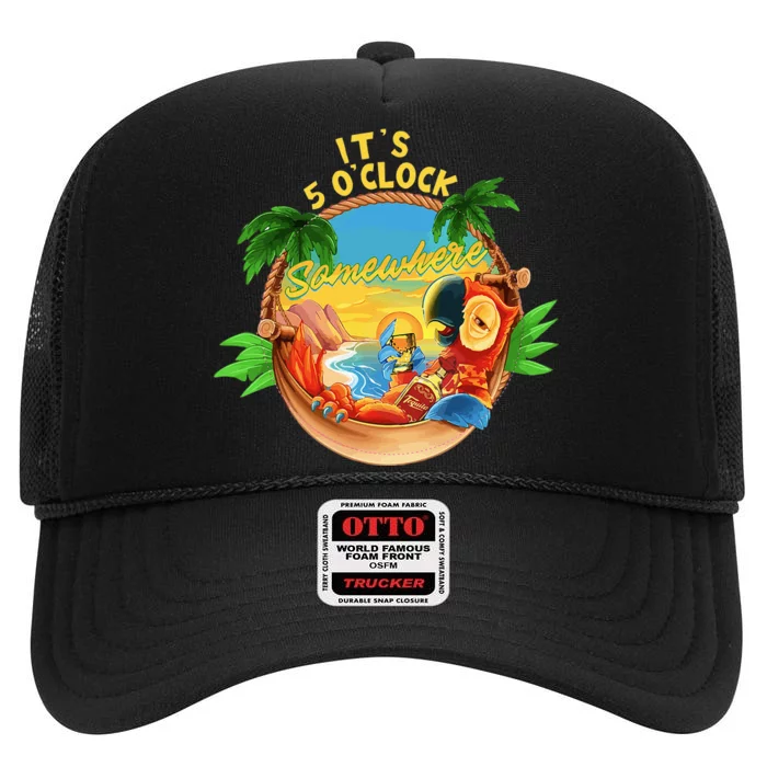 It Is 5 Oclock Somewhere Parrot Drinking Summer Vacation High Crown Mesh Trucker Hat