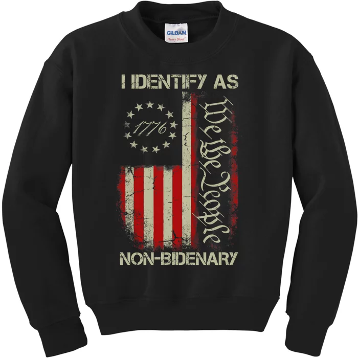 I Identify As Non Bidenary Anti Biden American Us Flag Kids Sweatshirt