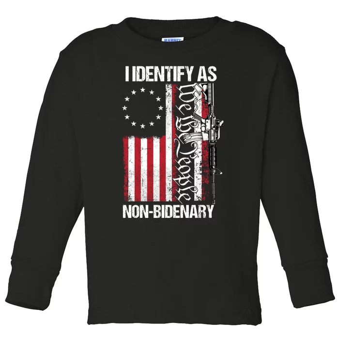 I Identify As Non Bidenary Anti Biden Vintage Old US Flag Toddler Long Sleeve Shirt