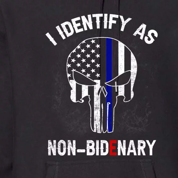 I Identify As Non Bidenary Skull Line Blue, Funny Anti Biden Premium Hoodie