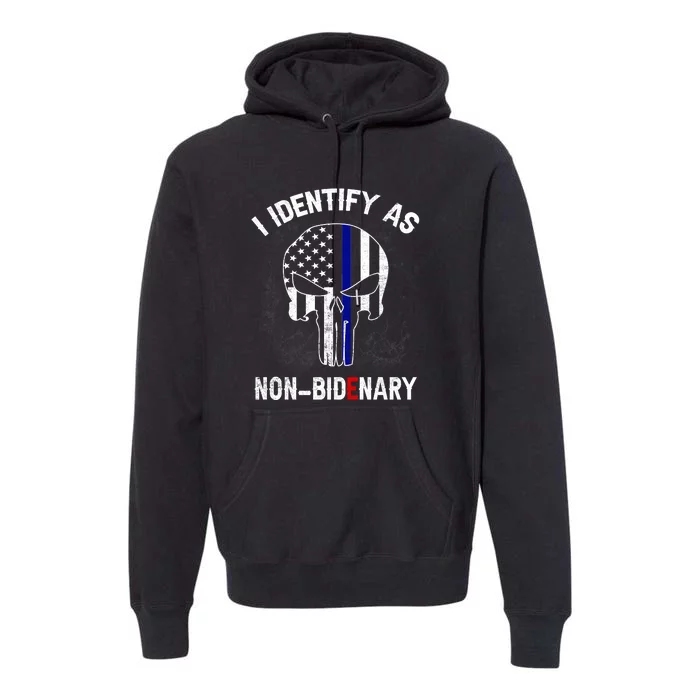 I Identify As Non Bidenary Skull Line Blue, Funny Anti Biden Premium Hoodie