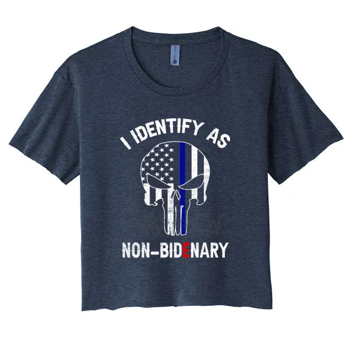 I Identify As NonBidenary Thin Blue Line, Funny Anti Biden Patriotic Freedom Pol Women's Crop Top Tee