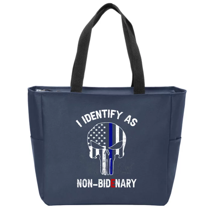 I Identify As NonBidenary Thin Blue Line, Funny Anti Biden Patriotic Freedom Pol Zip Tote Bag