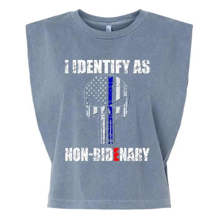 I Identify As Non Bidenary Skull Line Blue Garment-Dyed Women's Muscle Tee