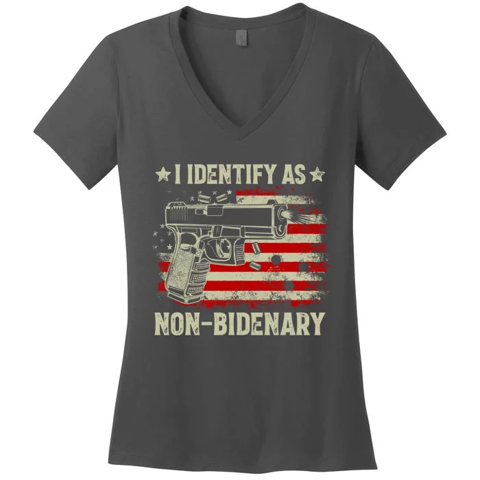 I Identify As Non Bidenary Anti Biden American Flag Women's V-Neck T-Shirt