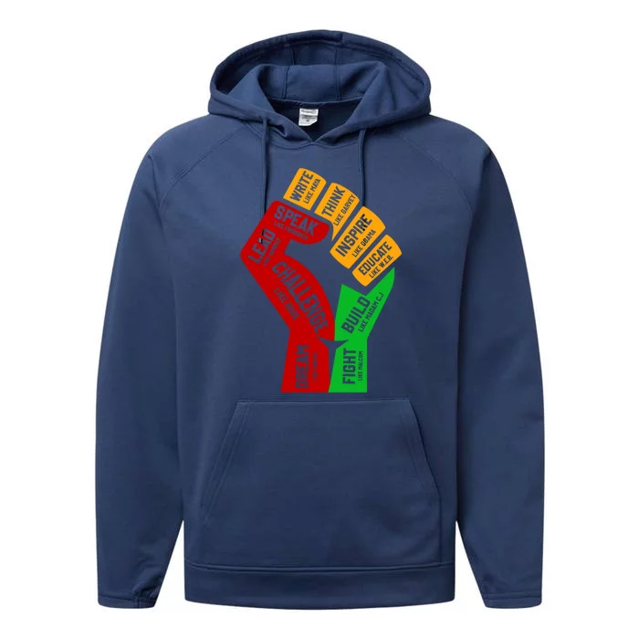 Influential Inspirational Black History Leaders Fist Hand Gift Performance Fleece Hoodie