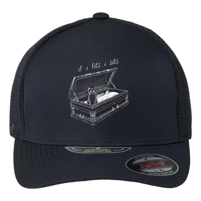 If I Fits I Sits Black Cat Coffin Kitty Sitting In A Casket Flexfit Unipanel Trucker Cap