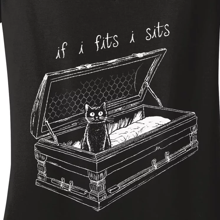 If I Fits I Sits Black Cat Coffin Kitty Sitting In A Casket Women's V-Neck T-Shirt