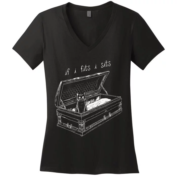 If I Fits I Sits Black Cat Coffin Kitty Sitting In A Casket Women's V-Neck T-Shirt