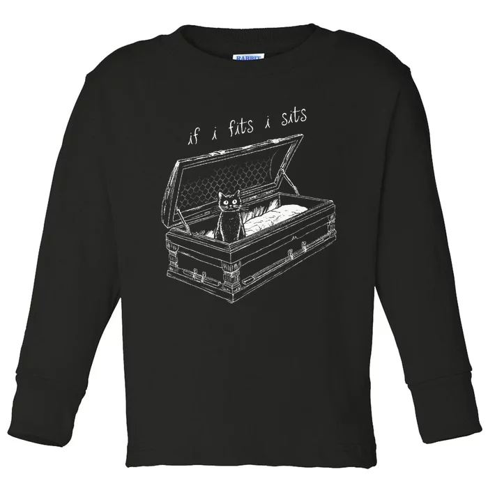 If I Fits I Sits Black Cat Coffin Kitty Sitting In A Casket Toddler Long Sleeve Shirt