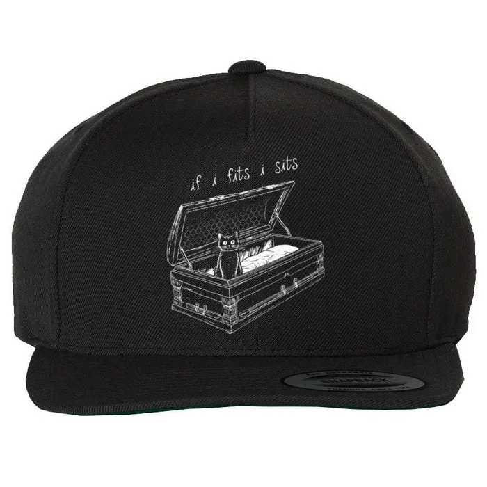 If I Fits I Sits Black Cat Coffin Kitty Sitting In A Casket Wool Snapback Cap