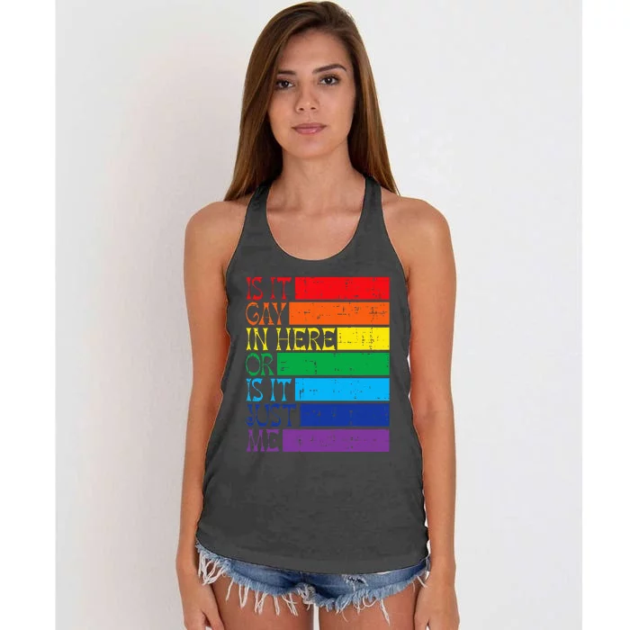 Is It Gay In Here Rainbow Pride Flag Lgbtq Women's Knotted Racerback Tank